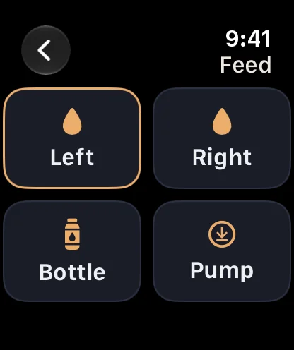 Deno on Apple Watch: Feed, with Left, Right, Bottle and Pump buttons.