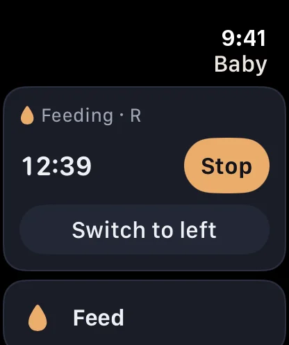 Deno on Apple Watch: a feed timer on the right side at 12 minutes 39 seconds, with Stop and Switch to left.